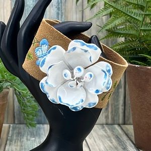 ⭐️Adorned Crown Artisan Assemblage embroidered leather enamel flower bracelet